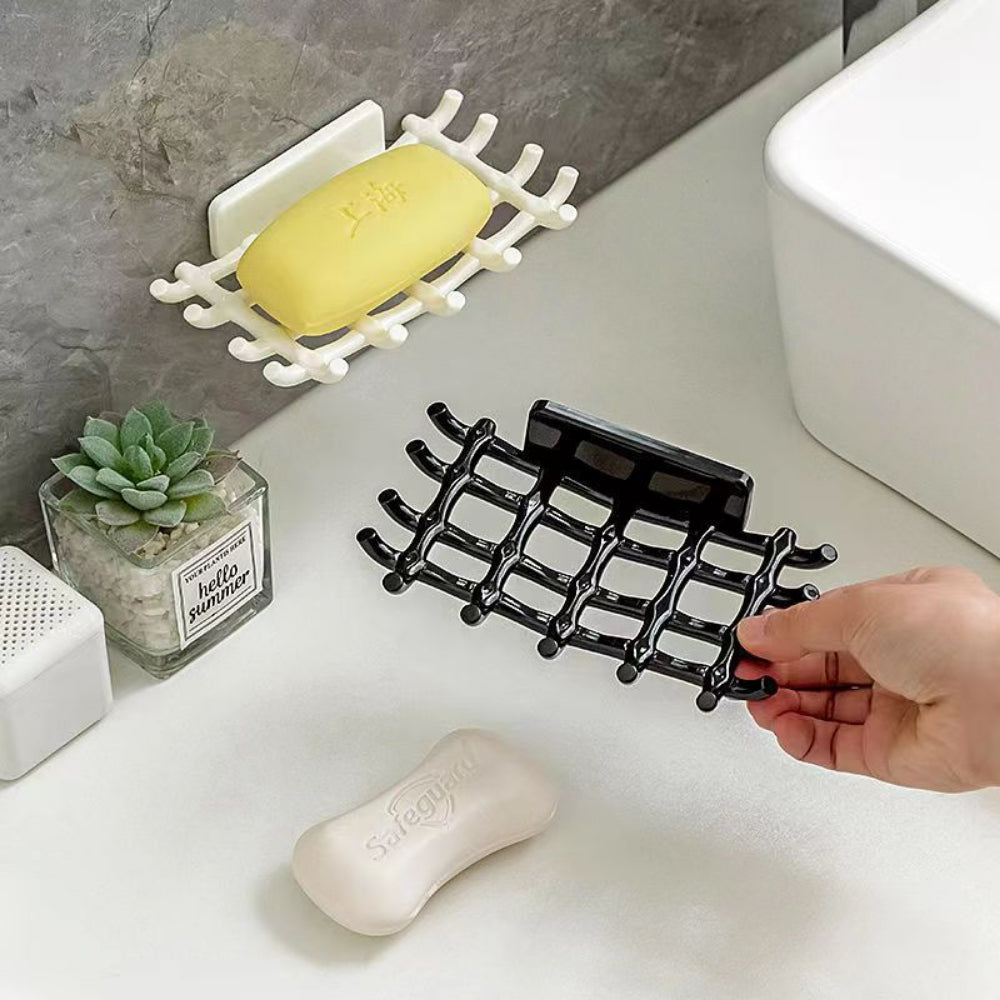 2-Pack Self-Draining Soap Dish for Shower - No Drill Adhesive Wall Mount Soap Holder with Hooks for Bathroom & Kitchen (Black/White)
