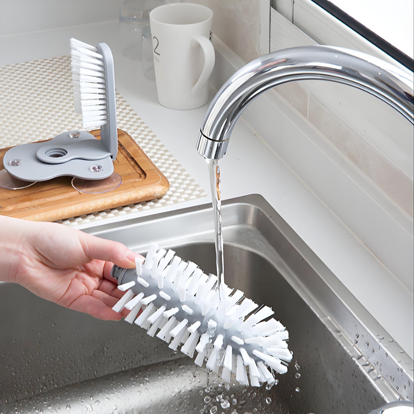 2-in-1 Suction Cup Scrubber Brush - Glass/Mug Cleaner for Bottles, Wine Glasses & Kitchenware with Ergonomic Handle