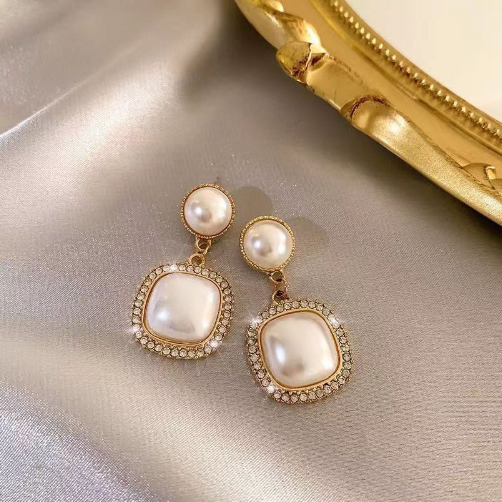 5-Pair Vintage Pearl Earrings Set - S925 Silver Needle Earrings in Wine Red with Advanced Retro Design