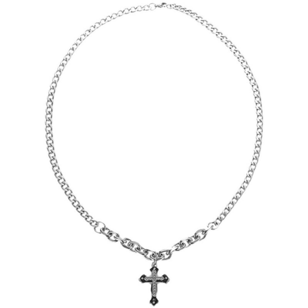 Edgy Layered Cross Choker - Chunky Punk Cuban Chain Necklace with Gothic Crucifix Charm - Silver Gothic Jewelry for Women