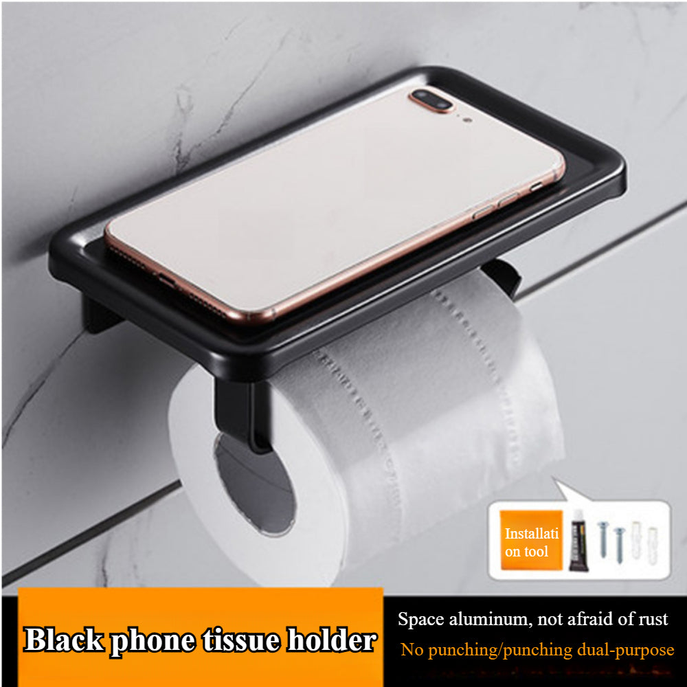 Premium Space-Saving Toilet Paper Holder with Shelf – Wall Mounted (Adhesive/Drill Options), Aluminum Organizer for Tissues