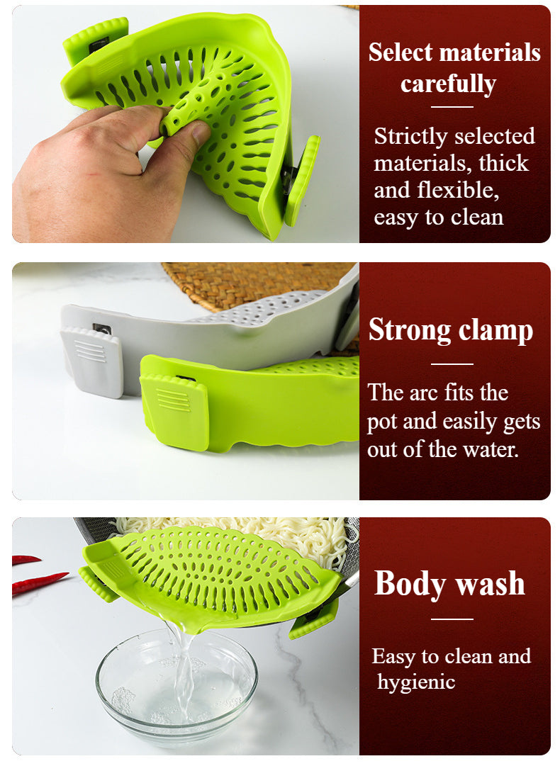 Clip-On Silicone Strainer – Universal Pasta & Vegetable Colander for All Pots/Pans – BPA-Free Kitchen Strainer for Meat, Fruit & More