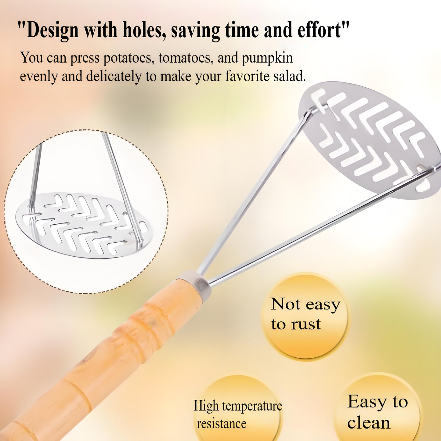 Stainless Steel Potato Masher with Wooden Handle - Heavy Duty Metal Masher for Potatoes, Sweet Potatoes & Vegetables