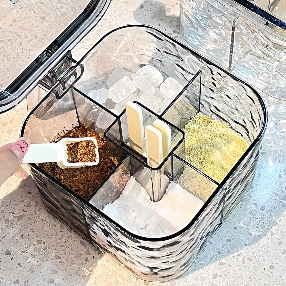 Wave-Pattern 4-in-1 Spice Box with Spoons – Clear Moisture-Proof Kitchen & Camping Organizer