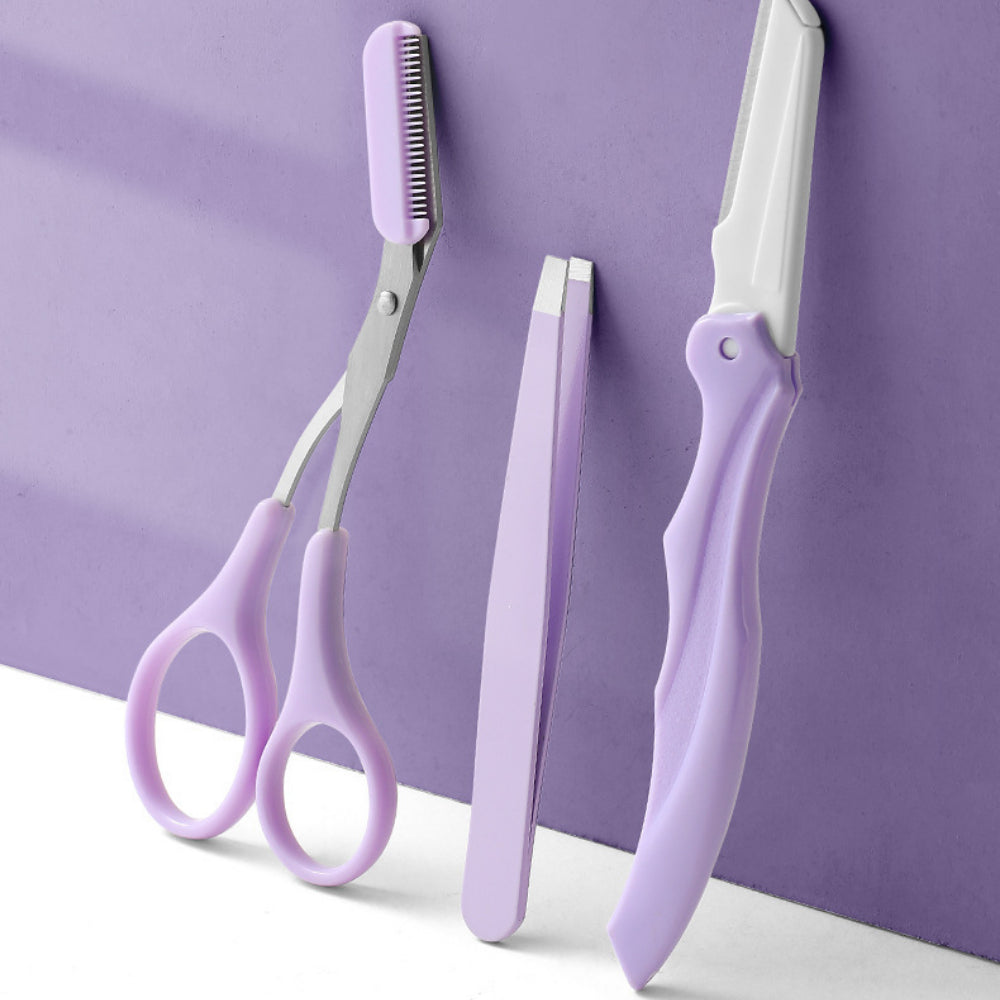 3-Piece Eyebrow Grooming Kit – Purple Eyebrow Scissors, Tweezers & Trimmer Razor for Facial Hair Shaping & Removal