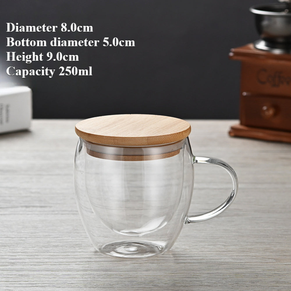 Double Walled Glass Coffee Mugs with Bamboo Lid & Handle – Insulated Clear Cups for Coffee, Tea, Cappuccino etc.