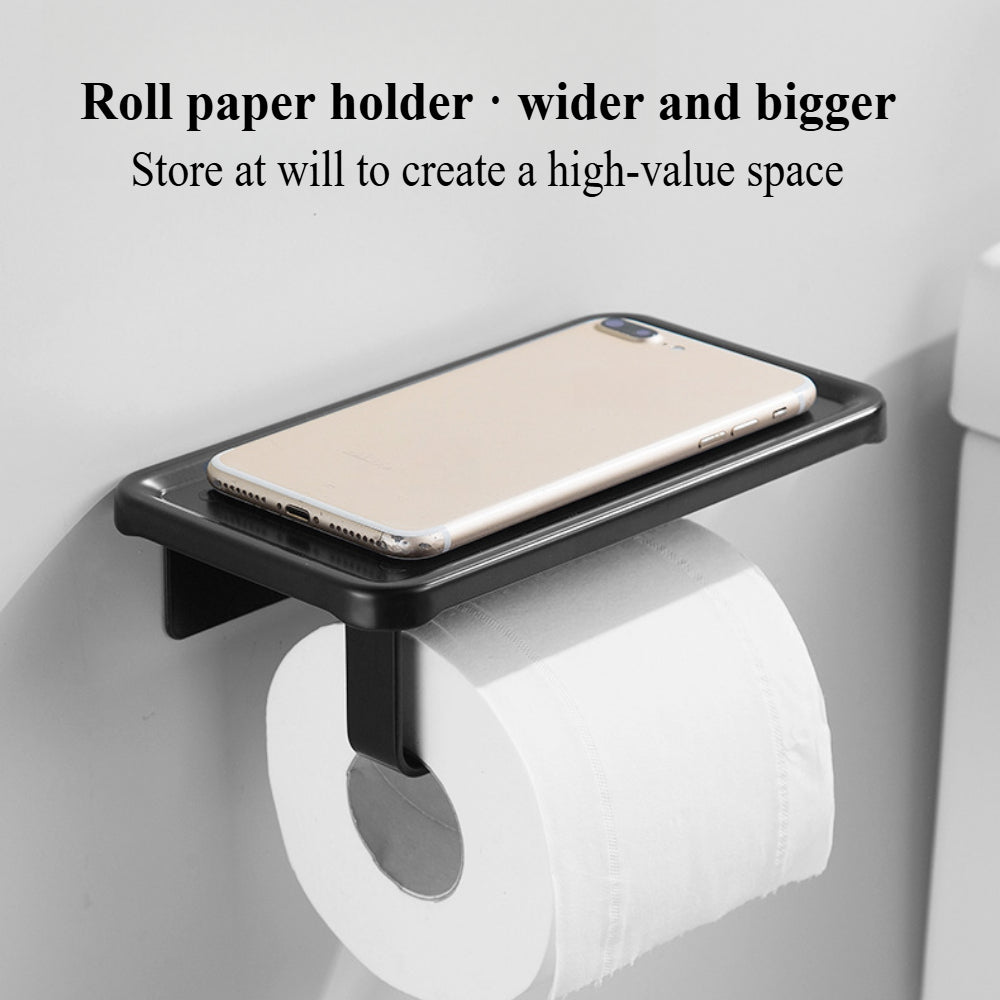 Premium Space-Saving Toilet Paper Holder with Shelf – Wall Mounted (Adhesive/Drill Options), Aluminum Organizer for Tissues