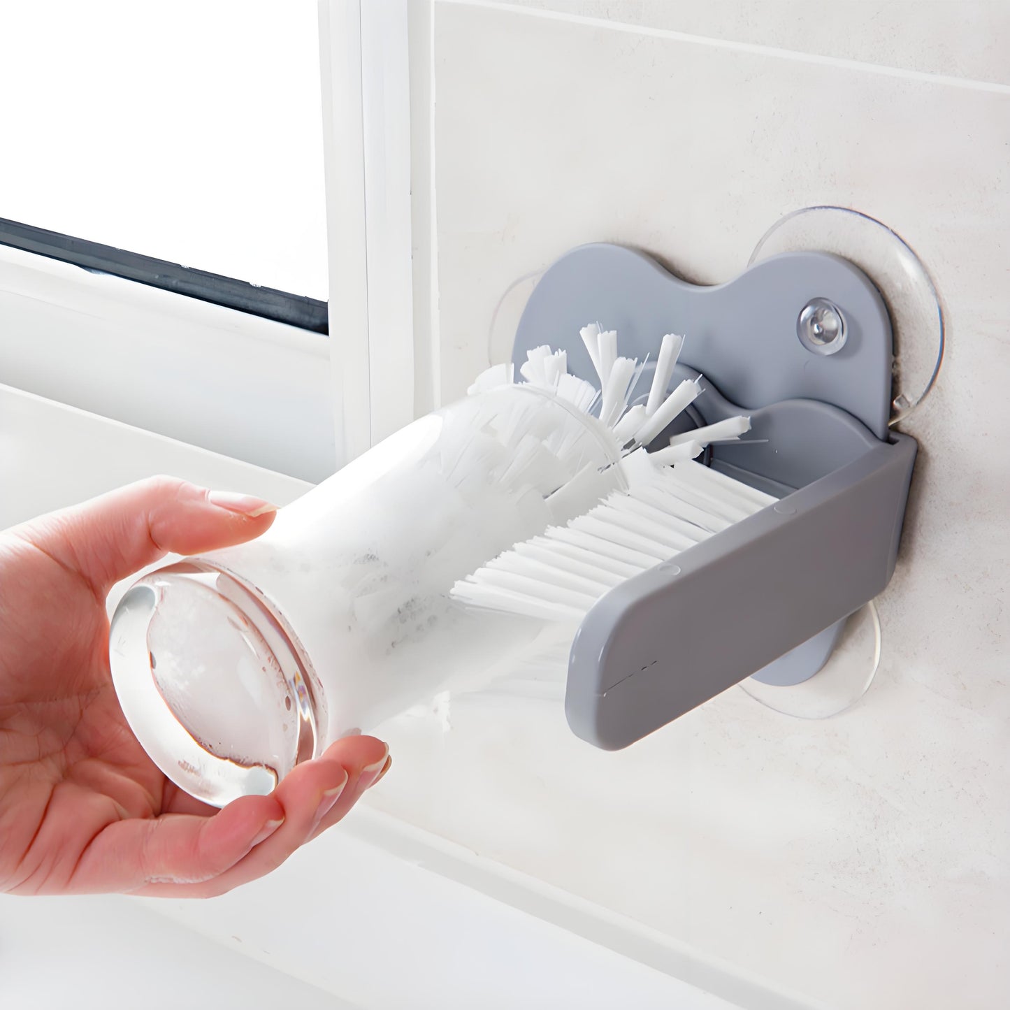 2-in-1 Suction Cup Scrubber Brush - Glass/Mug Cleaner for Bottles, Wine Glasses & Kitchenware with Ergonomic Handle