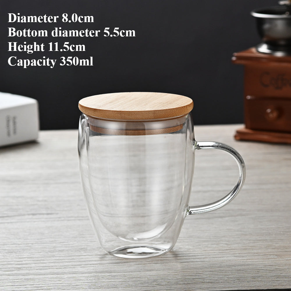 Double Walled Glass Coffee Mugs with Bamboo Lid & Handle – Insulated Clear Cups for Coffee, Tea, Cappuccino etc.