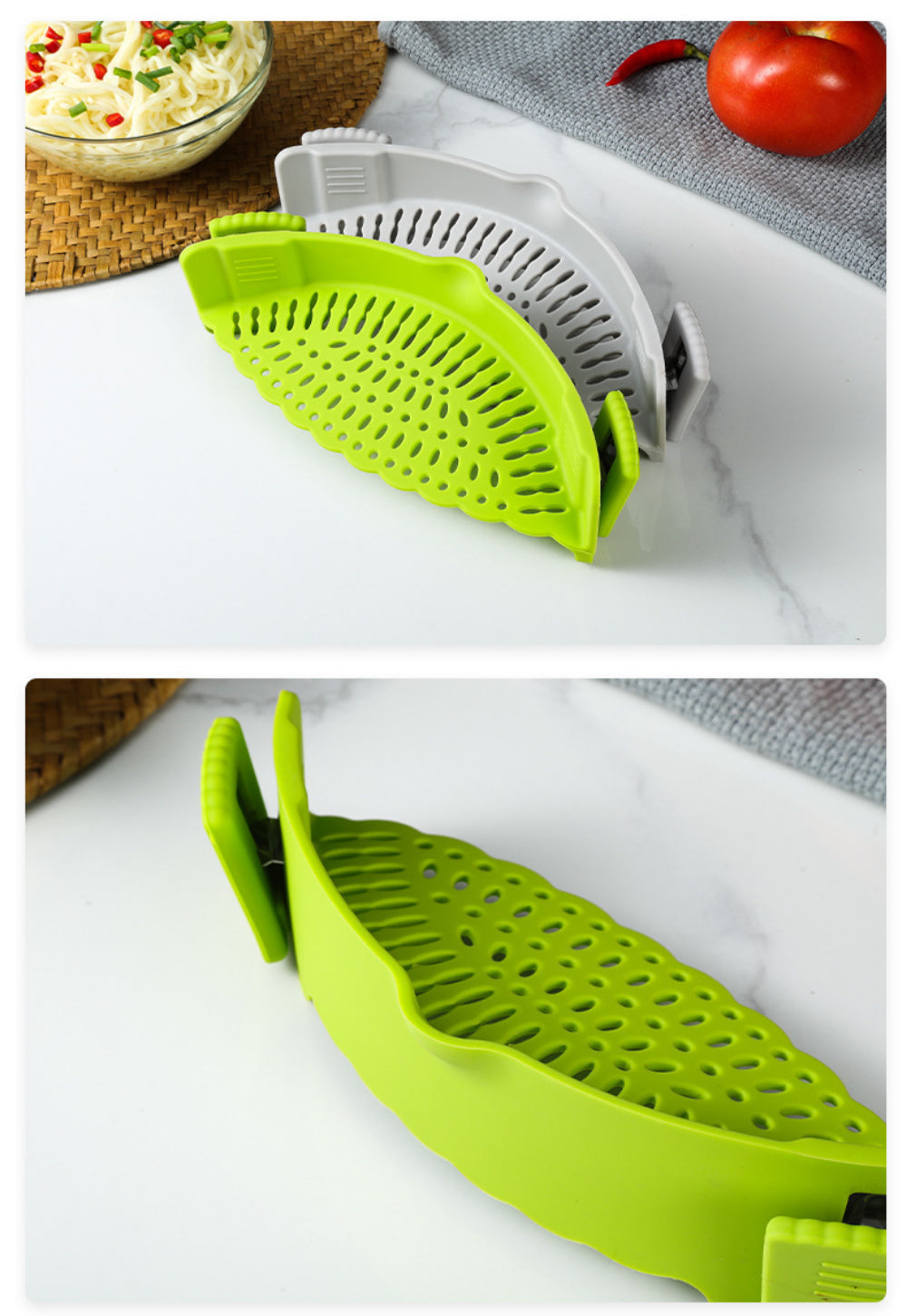 Clip-On Silicone Strainer – Universal Pasta & Vegetable Colander for All Pots/Pans – BPA-Free Kitchen Strainer for Meat, Fruit & More