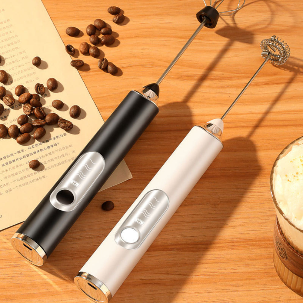 Milk Frother Electric - 3-Speed Adjustable Coffee Whisk with 2 Stainless Steel Attachments (Rechargeable)