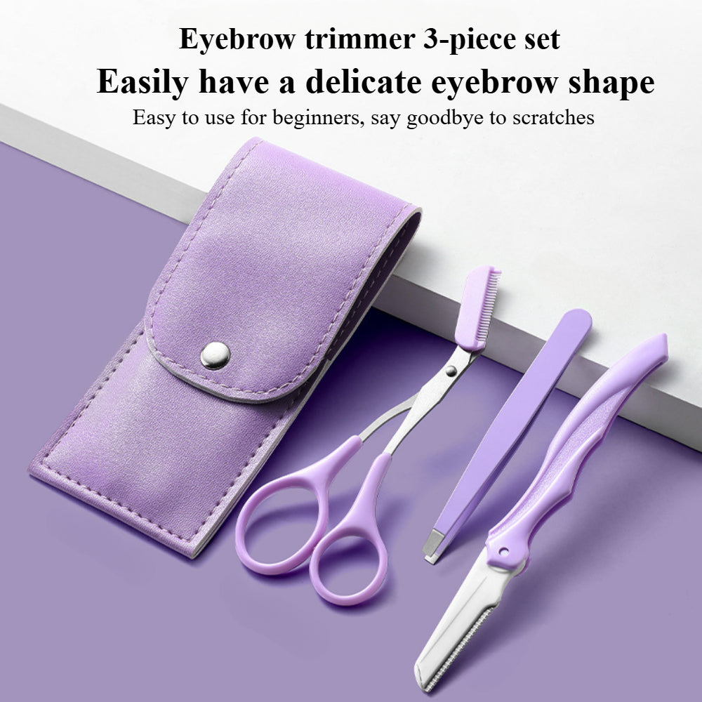 3-Piece Eyebrow Grooming Kit – Purple Eyebrow Scissors, Tweezers & Trimmer Razor for Facial Hair Shaping & Removal