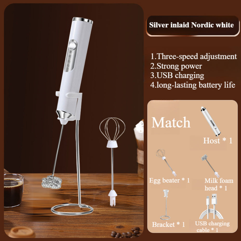 Milk Frother Electric - 3-Speed Adjustable Coffee Whisk with 2 Stainless Steel Attachments (Rechargeable)