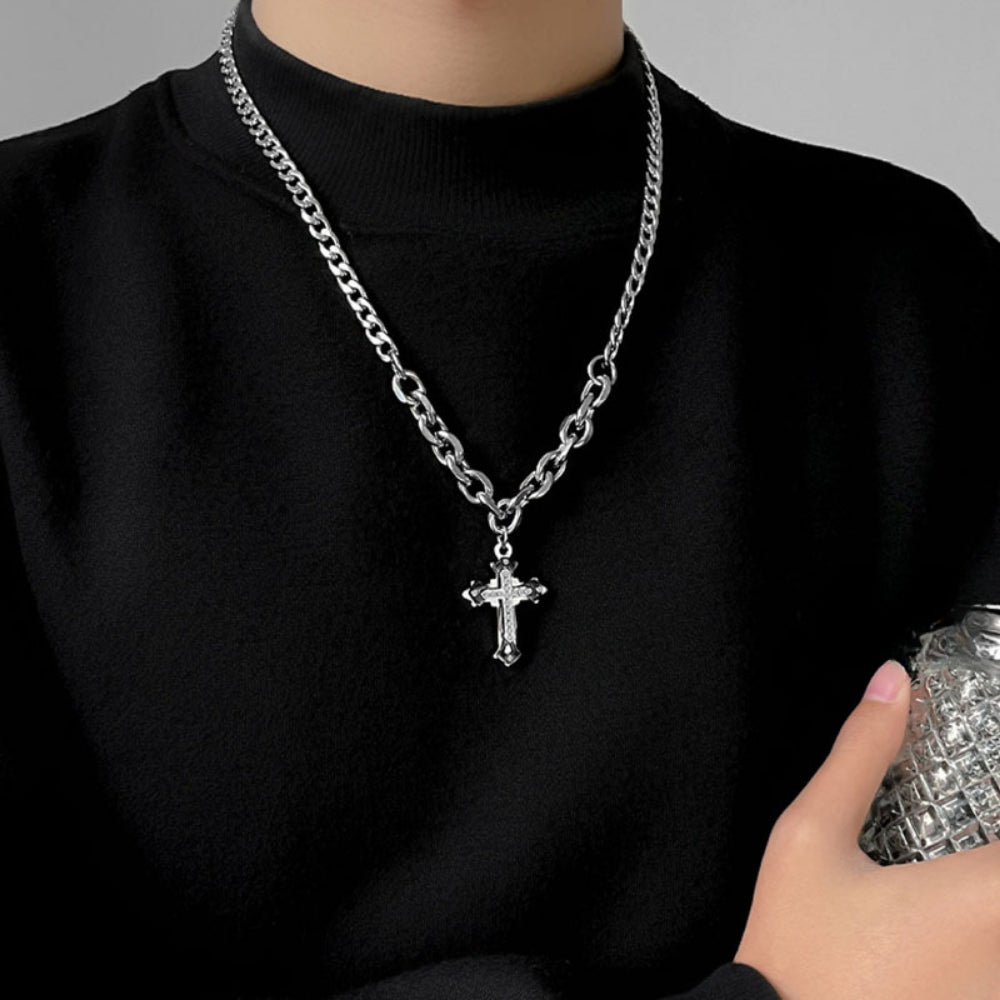 Edgy Layered Cross Choker - Chunky Punk Cuban Chain Necklace with Gothic Crucifix Charm - Silver Gothic Jewelry for Women