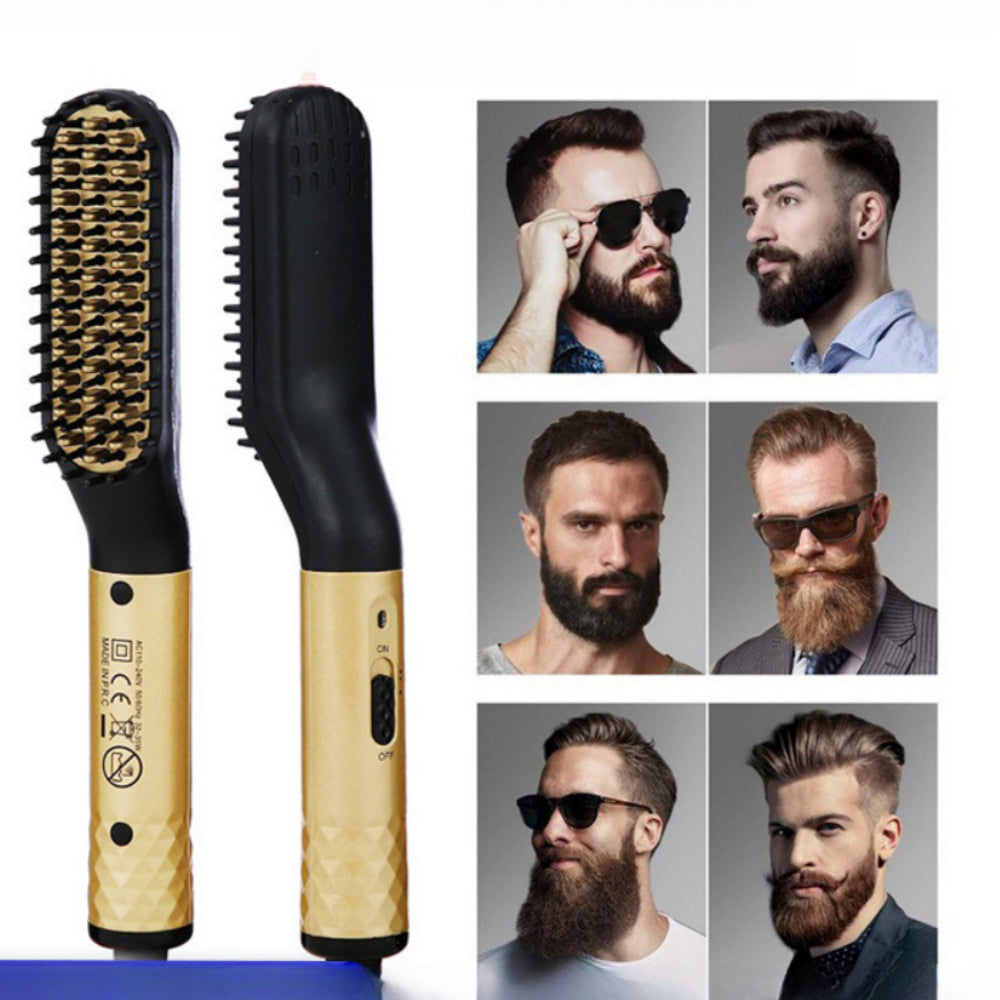2-in-1 Electric Hair Straightener & Curling Brush – Dual Voltage Fast Heating, Anti-Scald Design for Men & Women