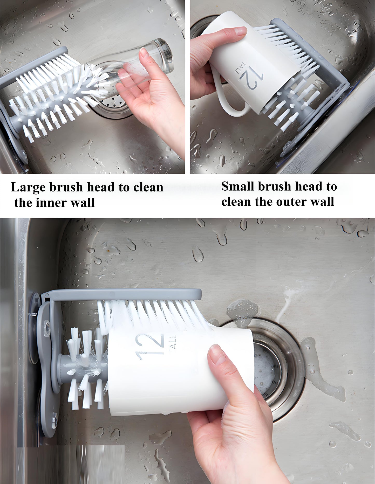 2-in-1 Suction Cup Scrubber Brush - Glass/Mug Cleaner for Bottles, Wine Glasses & Kitchenware with Ergonomic Handle