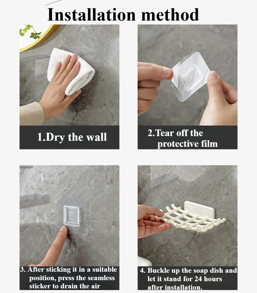 2-Pack Self-Draining Soap Dish for Shower - No Drill Adhesive Wall Mount Soap Holder with Hooks for Bathroom & Kitchen (Black/White)