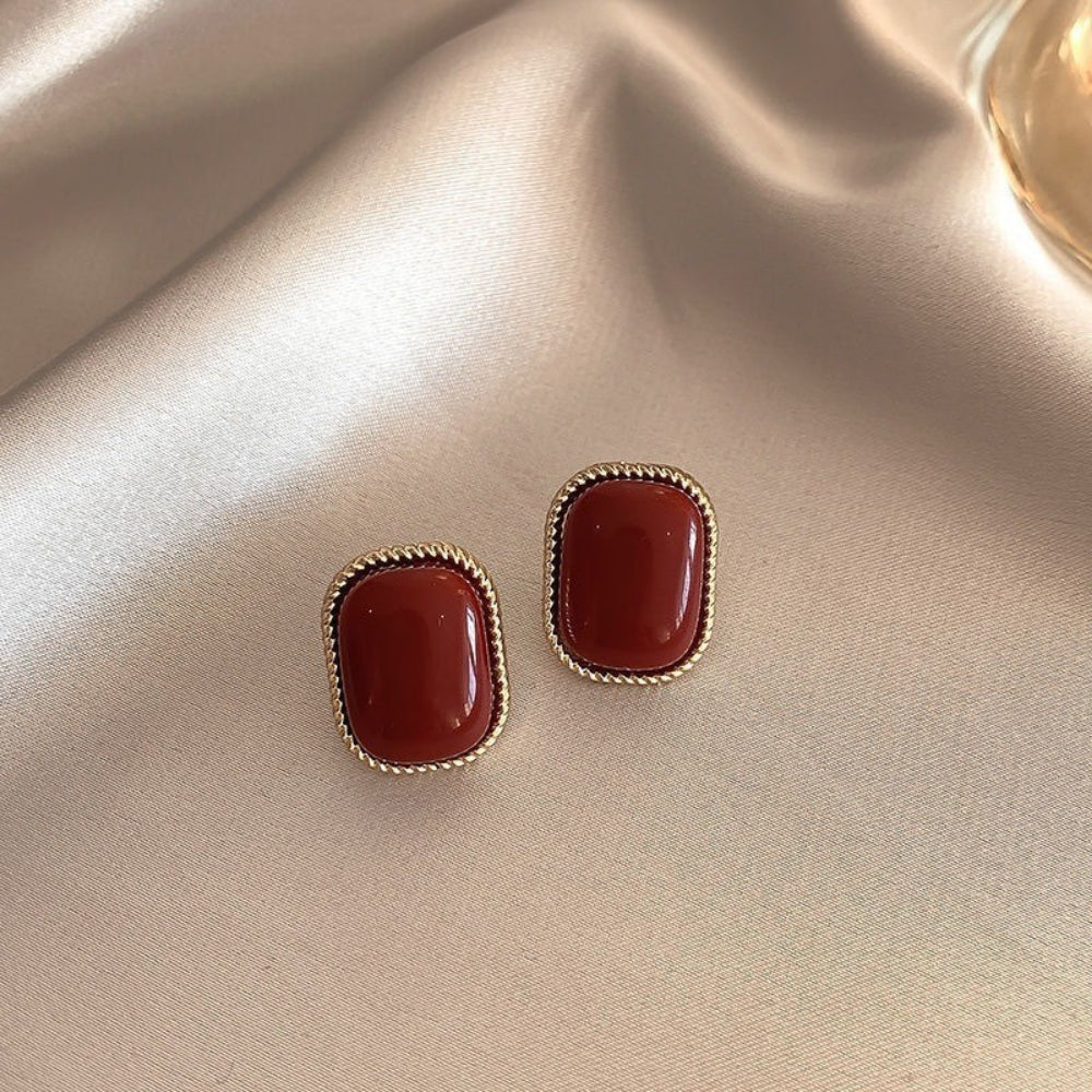 5-Pair Vintage Pearl Earrings Set - S925 Silver Needle Earrings in Wine Red with Advanced Retro Design