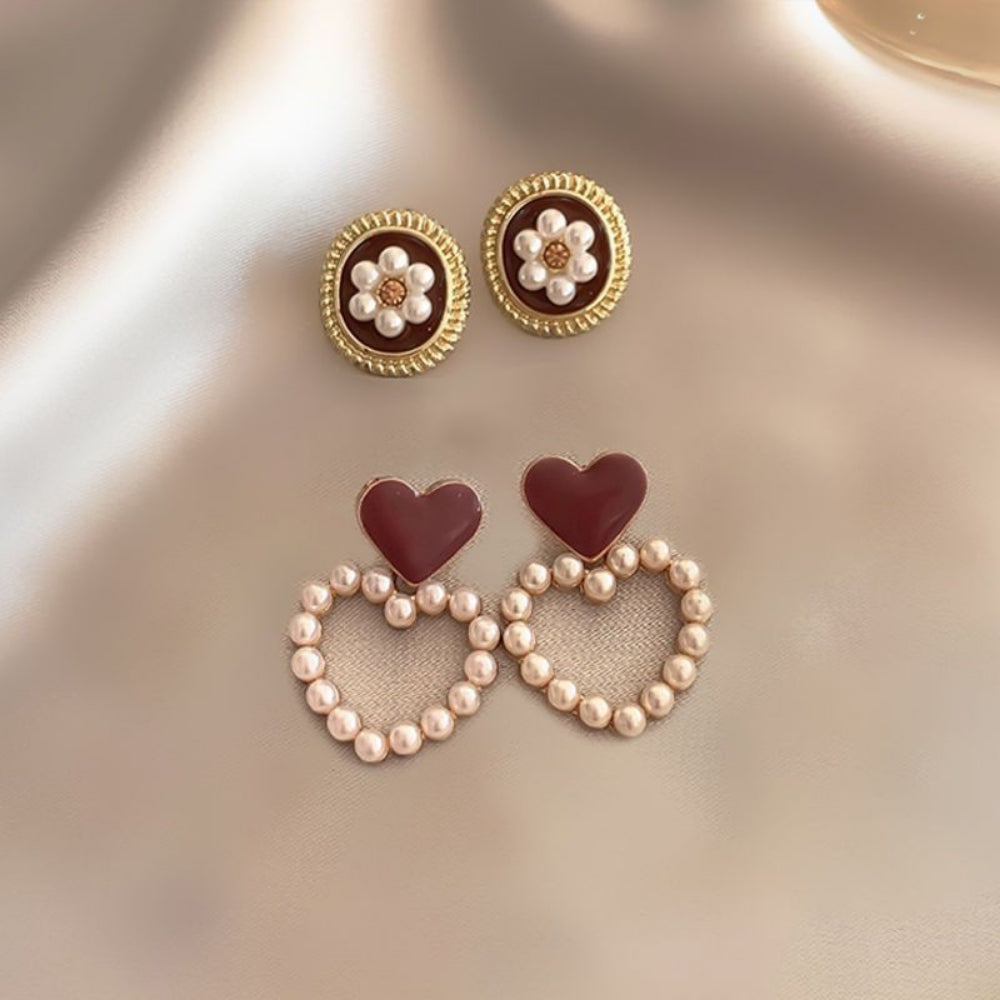 5-Pair Vintage Pearl Earrings Set - S925 Silver Needle Earrings in Wine Red with Advanced Retro Design
