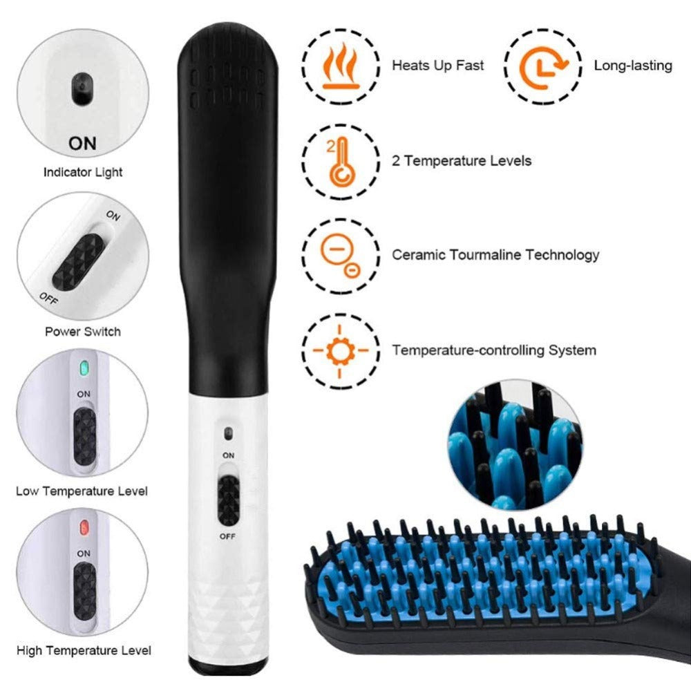 2-in-1 Electric Hair Straightener & Curling Brush – Dual Voltage Fast Heating, Anti-Scald Design for Men & Women