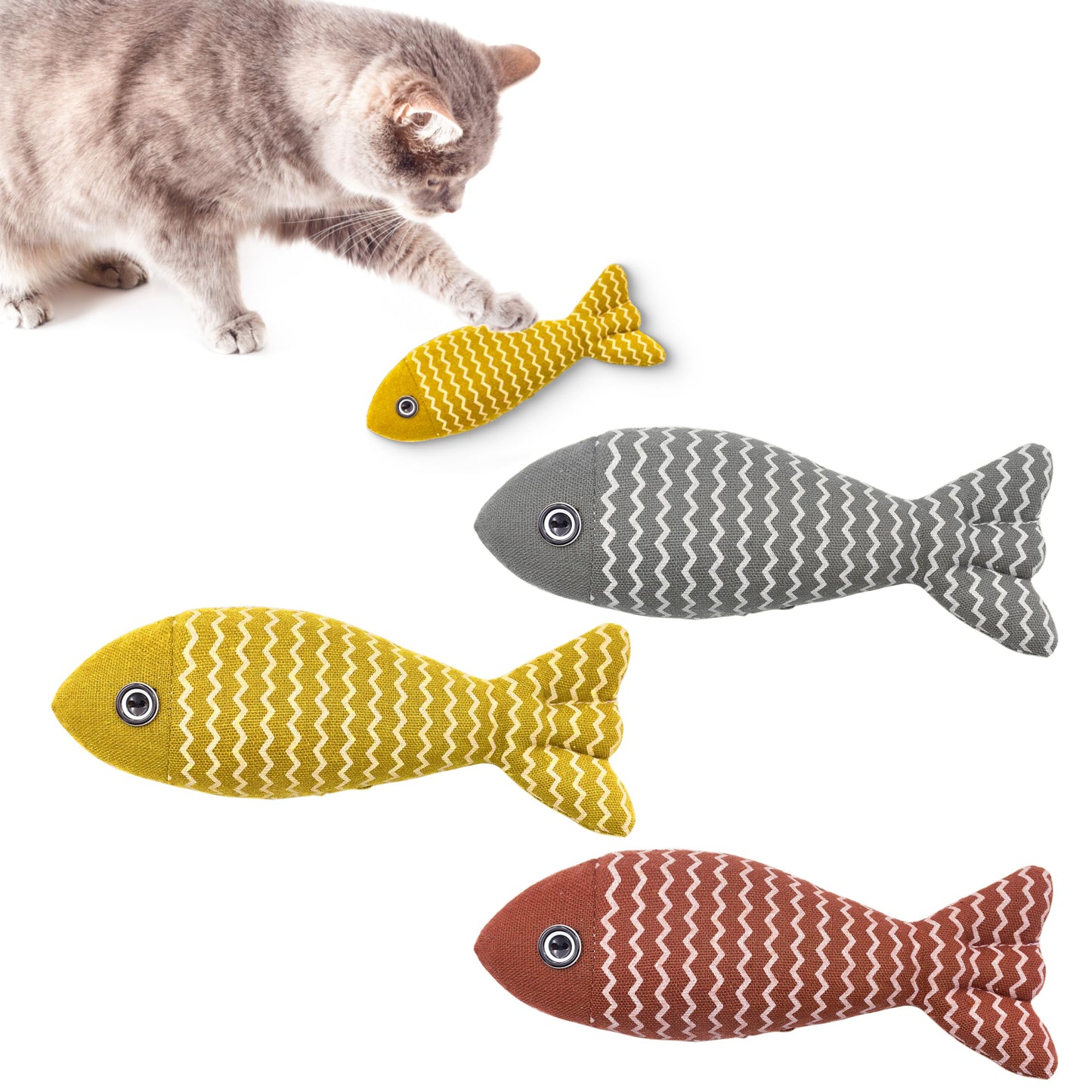 3 - Piece Catnip Fish Toys for Indoor Cats - Red, Yellow, Grey