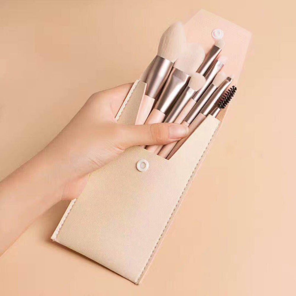 8PCS Travel Makeup Brush Set - Mini Premium Synthetic Fiber Brushes for Foundation, Blush, Eyes & Lips with Portable Storage Bag