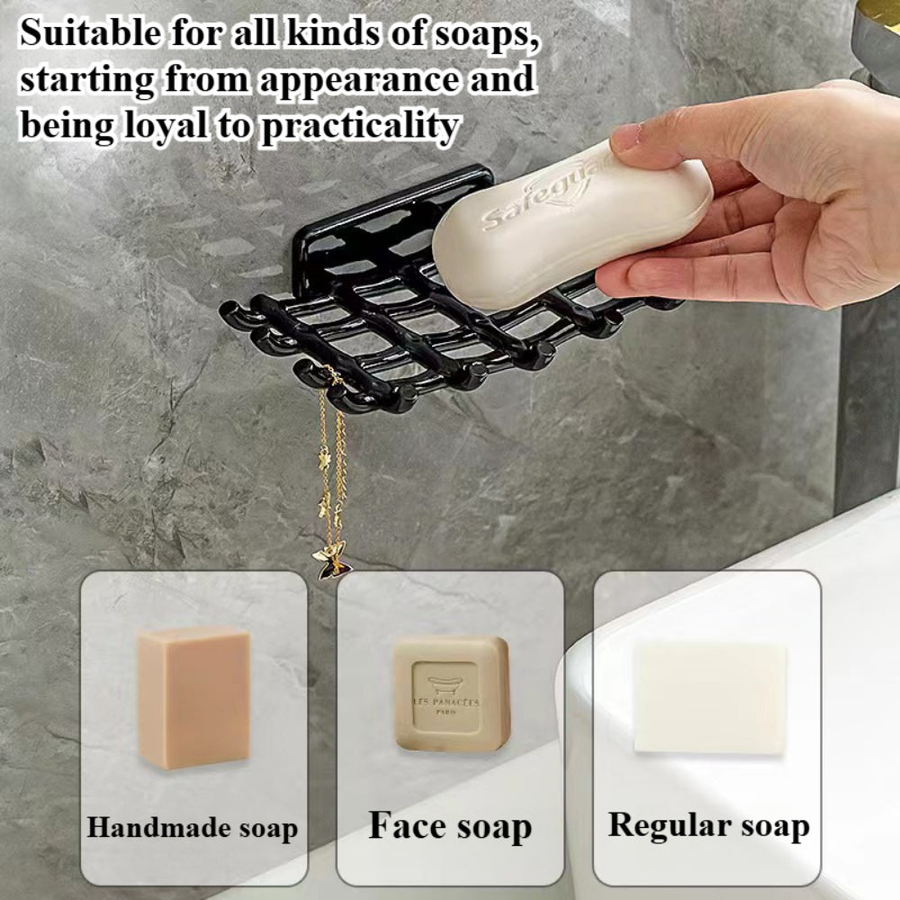 2-Pack Self-Draining Soap Dish for Shower - No Drill Adhesive Wall Mount Soap Holder with Hooks for Bathroom & Kitchen (Black/White)