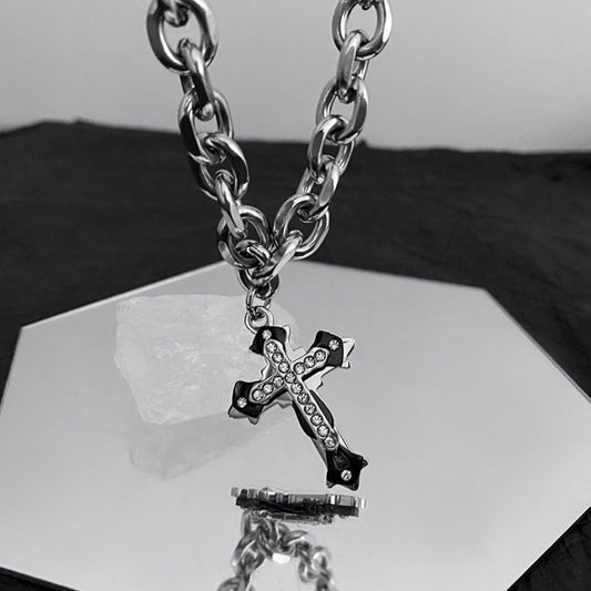 Edgy Layered Cross Choker - Chunky Punk Cuban Chain Necklace with Gothic Crucifix Charm - Silver Gothic Jewelry for Women