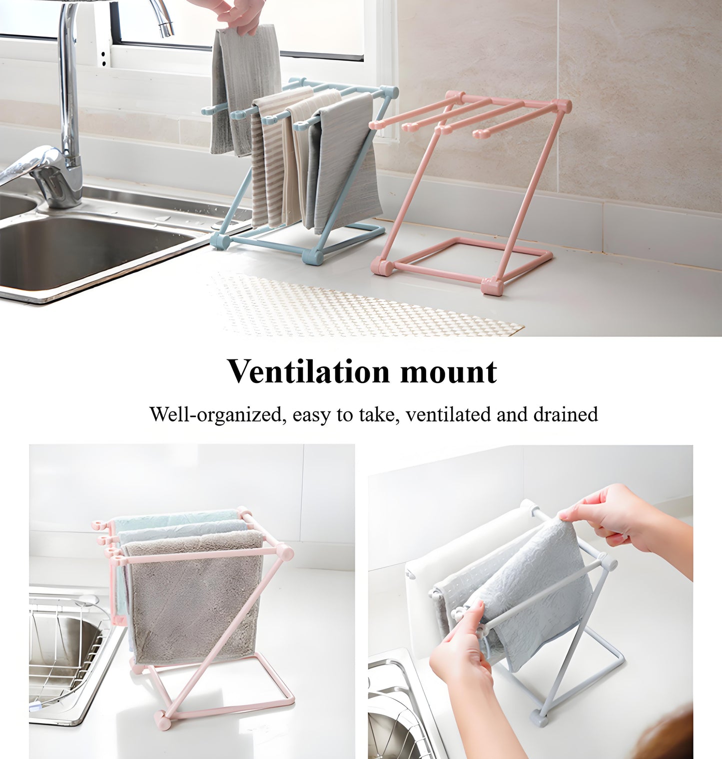 Compact 4-Arm Dish Rag Holder - Foldable Countertop Drying Rack for Kitchen Cloths