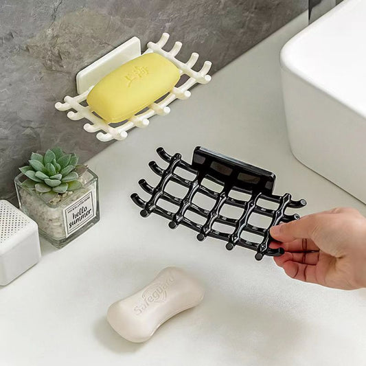 2-Pack Self-Draining Soap Dish for Shower - No Drill Adhesive Wall Mount Soap Holder with Hooks for Bathroom & Kitchen (Black/White)