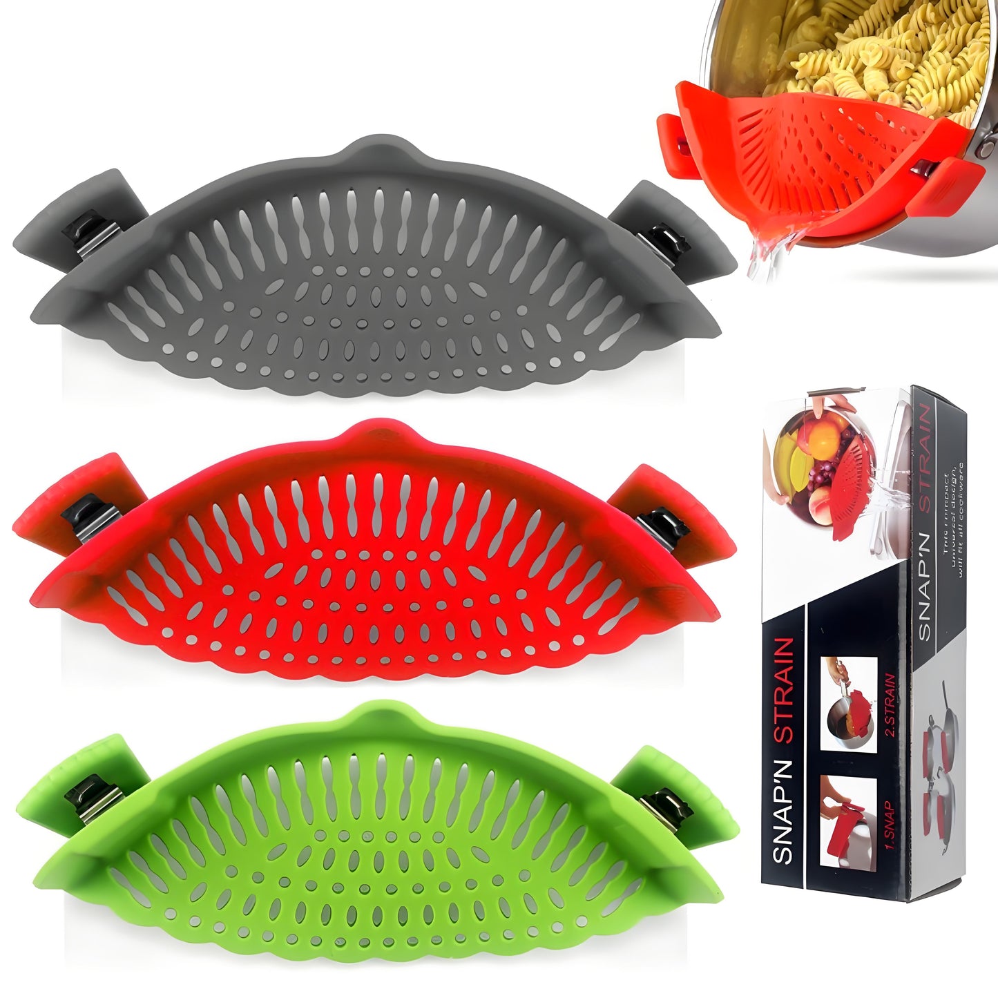 Clip-On Silicone Strainer – Universal Pasta & Vegetable Colander for All Pots/Pans – BPA-Free Kitchen Strainer for Meat, Fruit & More